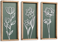 Set Seni Dinding Botani 3D Berbingkai Kayu Modern 3-Potong - Desain Bunga Putih Elegan Ramah Lingkungan di Latar Belakang Hijau