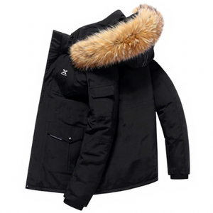 Veste unisexe décontractée réversible d'hiver pour l'extérieur, 50% fourrure, col en fourrure, fermeture éclair, épaisse, à capuche, corps droit, en laine peignée - Product Image 1