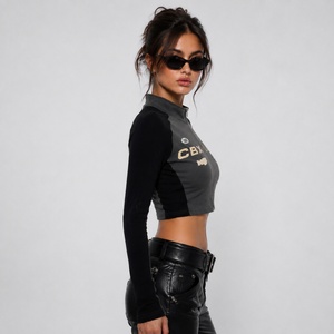 Women's Motorcycle Zip-Up Crop <b>Top</b> <b>Mock</b> <b>Neck</b> Sleeveless Slim Fit Cotton Blend Casual Streetwear Letter Print Contrast Color - Product Image 4