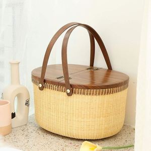 Panier de pique-nique blanc réglable, petit, rond, en paille, avec poignée, de luxe, compact, pour la plage, motif dessin animé, pour la maison et les voyages - Product Image 1