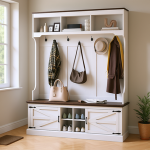 Meuble d'entrée blanc imitation bois 3-en-1 avec rangement, banc, porte-chaussures et crochets – Design moderne - Product Image 2