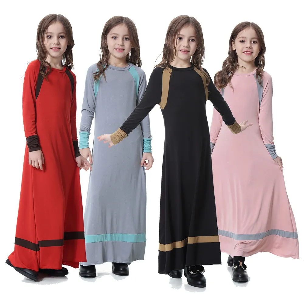 2024 NEW LangChi muslimisches islamisches Mädchen weiches O-Ausschnitt lange Ärmel hochelastisches Abaya Mädchenkleid