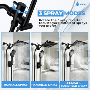 Juego de ducha de mano de acero inoxidable negro con cabezal de lluvia, brazo de extensión ajustable y grifo de ducha cuadrado para baño - Product Image 4