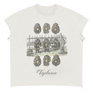 Camiseta sin mangas para hombre, estilo vintage, con estampado gráfico de los Tres Monos Sabios, diseño desgastado, de algodón, informal, estilo urbano, retro. - Product Image 1