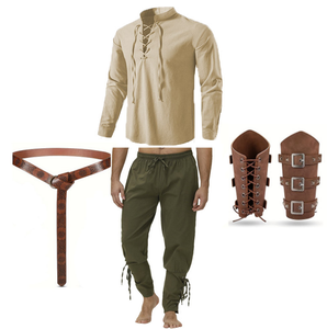 4Pcs/set Halloween Vintage Men's Renaissance Costume Set Medieval Pirate Shirt Ankle Banded Pants Belt Accessories <strong>Outfit</strong> - Product Image 6