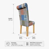 Chaise de salle à manger à dossier haut en laine mélangée à motif tartan, pieds en chêne massif, chaise d'appoint ergonomique rembourrée à dossier inclinable pour la maison, la salle à manger ou le café