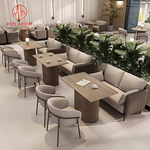 Ensemble de mobilier de restaurant moderne, canapé en tissu beige et brun foncé <span class=keywords><strong>avec</strong></span> bancs et tables basses en bois pour cafés et restaurants - Product Image 4