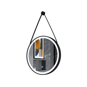 Miroir <span class=keywords><strong>de</strong></span> <span class=keywords><strong>salle</strong></span> <span class=keywords><strong>de</strong></span> <span class=keywords><strong>bain</strong></span> LED rond noir encadré avec sangle en cuir, rétroéclairage halo tactile pour hôtel moderne industriel, vente en gros - Product Image 2