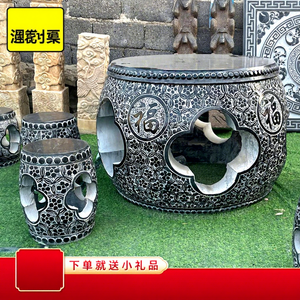 Mesa Redonda de Piedra Azul Tallada a Mano, Estilo Amor, Personalizada, con Acabado Desgastado, 65 cm, para 4 Personas, para Uso en Exteriores - Product Image 1