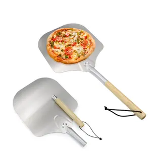 Pelle à Pizza carrée en Aluminium avec poignée longue en bois de caoutchouc détachable