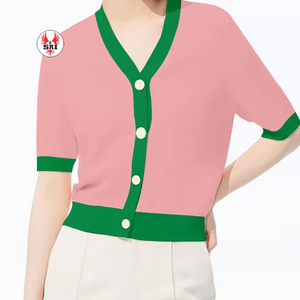 Alpha personnalisé pour femmes |   Kapa |   Pulls Alpha Sorority Vert rose Pulls pour femmes à col en V Pulls en tricot à manches longues pour femmes Cardigan en tricot - Product Image 3