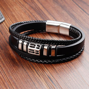 클래식 펑크 세련된 다층 손으로 짠 정품 소가죽 스테인레스 스틸 마그네틱 걸쇠 팔찌 보석 선물 - Product Image 4