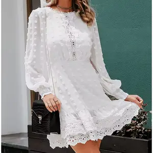 فستان نسائي أنيق فستان غير رسمي للحفلات ، فستان أبيض للربيع والربيع ، أزياء جديدة كلاسيكية برقبة مستديرة وأكمام طويلة منسوجة صغيرة