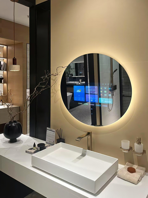 Round Touch Screen Smart Bathroom Mirror, LED Backlit Anti-Fog Bluetooth Magic Mirror, Aluminum Frame Smart Home Mirror