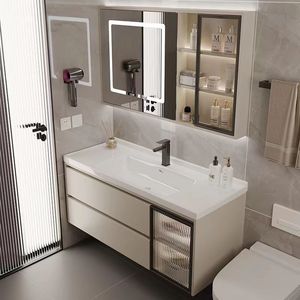 Meuble de salle de bain simple en bois massif multi-couches avec lavabo intégré en céramique - Product Image 4