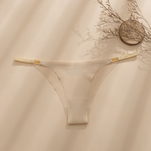 Wholesale Women's Low Rise <b>Seamless</b> <b>Thong</b> Panty Ultra Thin Solid Elegant Knitted Sexy Underwear with Gold Logo Detail OEM ODM - Product Image 4