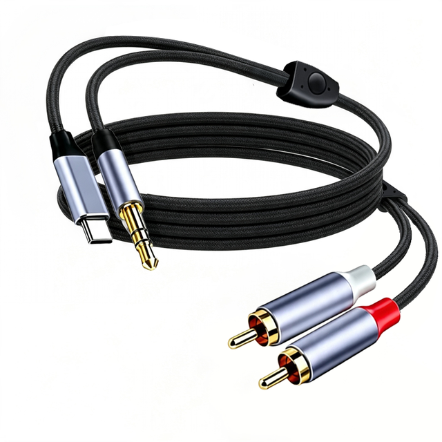 Gold Plated Double RCA to Type-c+3.5mm Stereo Audio Cable for Car 1m OEM ODM Nylon Braided DVD TV Double Shielding Audio Cable