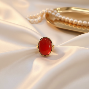 Anello Aperto di Lusso in Argento 925 Antiossidante con Intarsio in Ambra Naturale Ovale Placcato Oro Vero Stile Vintage Unisex - Product Image 1