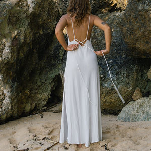 Robe blanche décontractée en rayonne et lin, col en V, dos nu, douce et confortable, pour femmes hawaïennes - Product Image 3