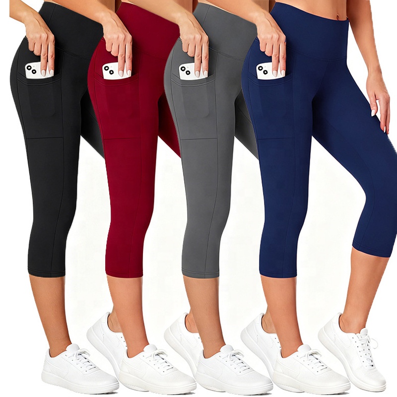YIYI High Waisted Tummy Control Yoga Slim Cropped Pants with Side Pockets for Athletic Workout Gym Capri Leggings for Women