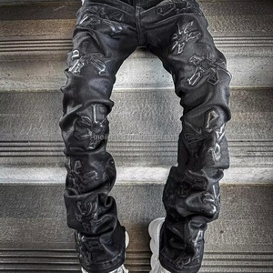 Custom Streetwear Fashion Applique logo High Waist Pu Flare Sweat <b>Trousers</b> <b>Faux</b> <b>Leather</b> Stacked Pants for <b>Men</b> - Product Image 1