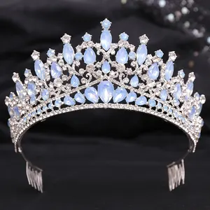 Aksesori kepala pengantin wanita pesta Prom perhiasan rambut pernikahan pengantin Ratu tiara kristal biru muda mewah