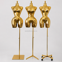 Mannequin demi-corps féminin doré miroir taille L, courbes généreuses, grande poitrine et hanches, avec support, pour présentation en magasin de vêtements