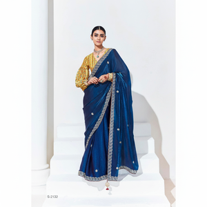 Saree en soie de haute qualité pour femmes, tissu de verre souple, bordure brodée, tenue de fête de style traditionnel moderne pour les mariages - Product Image 1