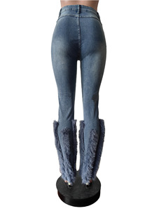 Jeans con fondo a campana di perle a vita alta alla moda <span class=keywords><strong>pantaloni</strong></span> in Denim con piume strappati strappati a gamba dritta - Product Image 6