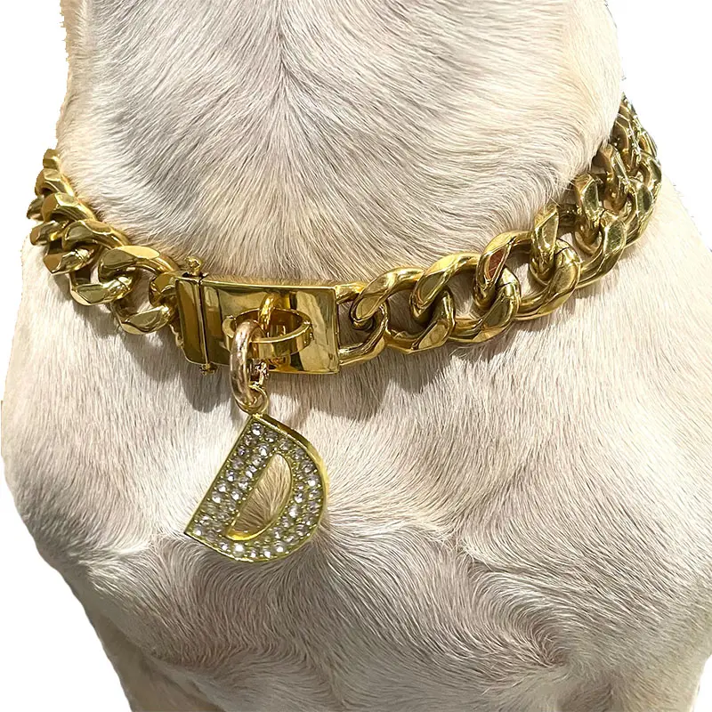 2024 Stainless Steel Fashion Bull Dog Collars 19mm Cuban Link Pet Bling Necklace Gold Chain Luxury Dog Collar ID Name Tag