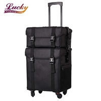 Trousse de toilette 2-en-1 de grande capacité avec fermeture à glissière Organisateur de coiffure cosmétique de voyage Sacs à roulettes en nylon noir