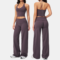 Set Yoga Kontrol Perut Wanita, Atasan Crop Top V-Neck Lengan Pendek, Celana Capri Pinggang Tinggi Pembentuk Tubuh, Celana Kaki Lebar, Bahan Stretch 4 Arah