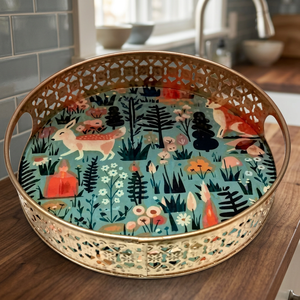 Plateau de service en métal doré avec motif floral forestier et poignées pour usage résidentiel - Product Image 2