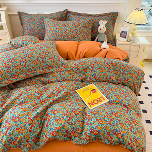 Floral Duvet Cover Set Washed Cotton Breathable <b>Bedding</b> Three Or Four Piece Home Use Skin Friendly All Seasons - Product Image 3