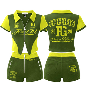 Ensemble décontracté deux pièces en coton et polyester pour femme, haut court polo personnalisé et short moulant avec fermeture éclair, confortable et assorti pour l'été - Product Image 3
