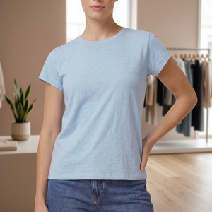 T-shirt en coton bleu clair pour femme, coupe classique, col rond, manches courtes, décontracté, jersey uni, respirant, à porter toute l'année - Product Image 4