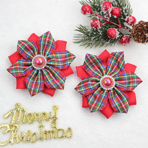 2개/세트 크리스마스 축제 레드 플래드 파스텔 꽃 리본 헤어핀 진주 장식 여자아이 키즈 헤어 액세서리 - Product Image 5