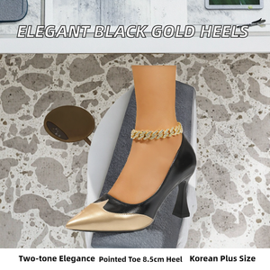 Summer Korean Style Two-tone Black Gold Pointed Toe 8.5cm <b>Block</b> Heel PU Upper Lightweight Women's Pumps for Office Party - Product Image 2