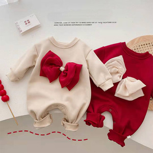 Tenue de <span class=keywords><strong>Nouvel</strong></span> <span class=keywords><strong>An</strong></span> pour bébé : Combinaison et barboteuse d'hiver en coton doublé polaire avec nœud pour nouveau-né - Product Image 1