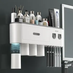 home bathroom plastic accessory set automatic toothpaste squeezer tooth paste dispenser holder with Toothbrush Holder