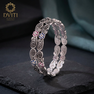925 Sterling Silver <b>Bangles</b> for Women Oxidized Floral Carving <b>Set</b> Traditional Indian Churi Bridal Meenakari Stone Wrist Jewelry - Product Image 2