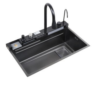 Robinet réglable, ensemble complet, vasque simple 750x450mm AW-7545LY |   Cuisine design haut de gamme 201 SS, encastrable, noir nano, fabrication artisanale - Product Image 2