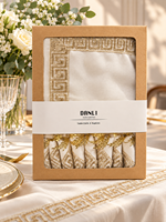 Ensemble de linge de table 2410H avec nappe, serviettes et anneaux de serviette à bordure dorée motif clé grecque pour la salle à manger et les mariages