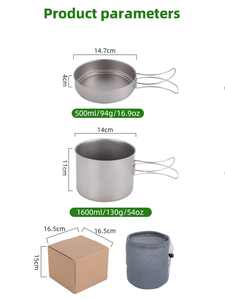 <span class=keywords><strong>Set</strong></span> di Pentole da Campeggio in Titanio Ultraleggero 1100ml 1600ml, Utensili da Cucina Leggeri con Manico Pieghevole per Escursionismo e Backpacking - Product Image 4