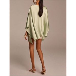 Women's <b>Satin</b> Poncho Top 3/4 Sleeve Boat Neck Asymmetrical Silk <b>Blouse</b> Party Wear - Product Image 2