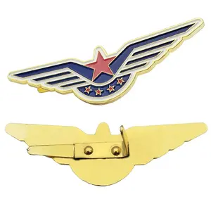 Custom Logo Metal 3D Shiny Gold Airplane Aviator Soft Enamel Aircraft Flight Eagle Pilot Wings Lapel Pin Badge For Uniform