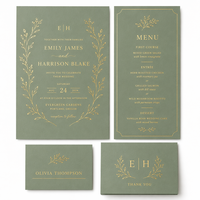 Suite de papeterie de mariage personnalisée vert sauge avec menu et marque-place, dorure à chaud, pour événements extérieurs sur le thème botanique, faible MOQ