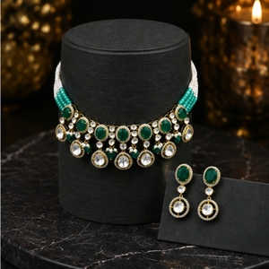 Elegant 925 <b>Silver</b> Necklace and Earrings Set with Green and White Beads Traditional Indian Bridal Jewelry for Women - Product Image 4