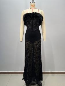 A11391 Gaun Malam Hitam Mewah dengan Hiasan Bulu, Tanpa Tali, Bordir, Renda, Tanpa Punggung, Panjang Maxi untuk Pesta <span class=keywords><strong>Prom</strong></span> Koktail. - Product Image 2