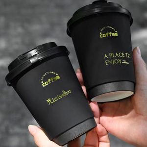 Custom logo 4/8/10/12/16oz Gold Stamping Hot Drink Bubble Tea Paper Coffee <b>Cups</b> with Lids Double Wall <b>Disposable</b> Paper <b>Cups</b> - Product Image 4